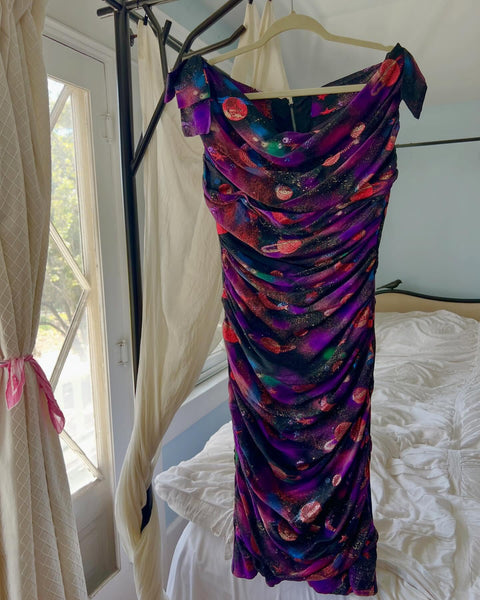 Custom Couture 1950s Silk Chiffon Planets Celestial Novelty Print Cocktail Dress