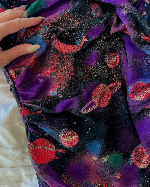 Custom Couture 1950s Silk Chiffon Planets Celestial Novelty Print Cocktail Dress