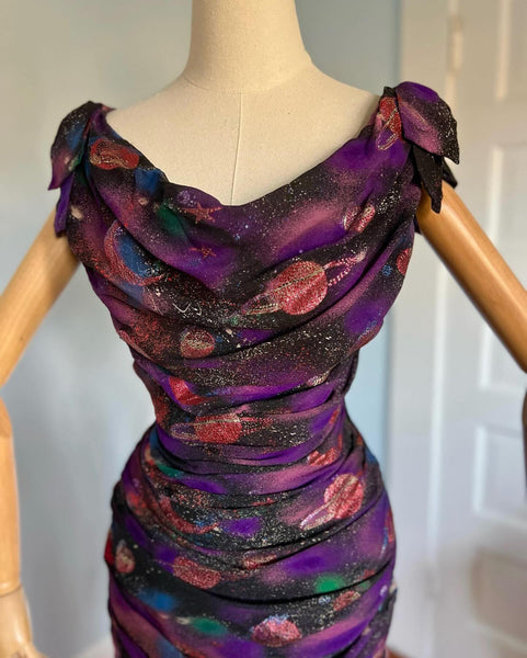 Custom Couture 1950s Silk Chiffon Planets Celestial Novelty Print Cocktail Dress