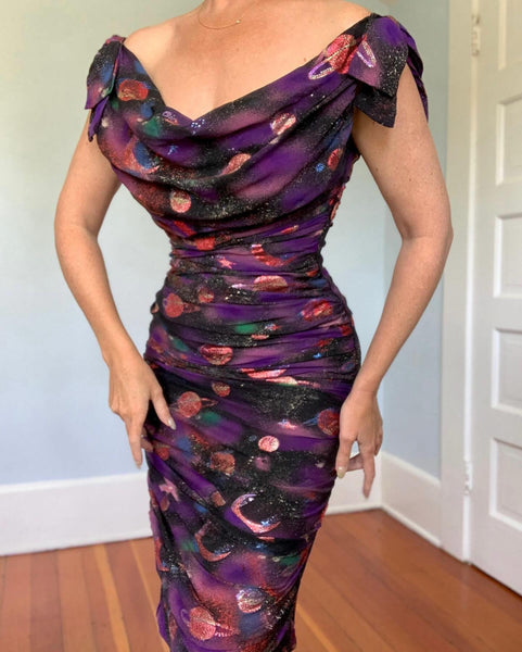 Custom Couture 1950s Silk Chiffon Planets Celestial Novelty Print Cocktail Dress
