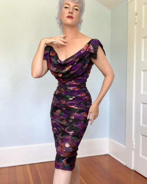 Custom Couture 1950s Silk Chiffon Planets Celestial Novelty Print Cocktail Dress