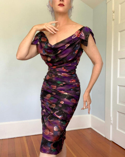 Custom Couture 1950s Silk Chiffon Planets Celestial Novelty Print Cocktail Dress