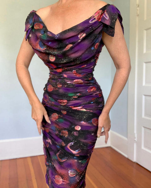 Custom Couture 1950s Silk Chiffon Planets Celestial Novelty Print Cocktail Dress