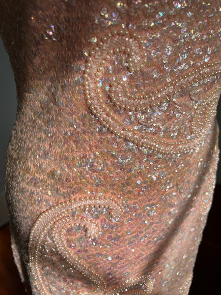 1960s “Gene Shelly’s Boutique Internationale” Bubble Bath Iridescent Pink Fully Sequined Wool Gown