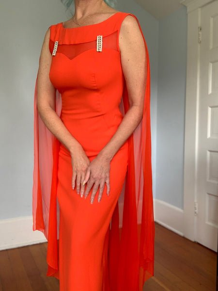 1960s Rayon Crepe Hourglass Gown w/ Attached Chiffon Cape