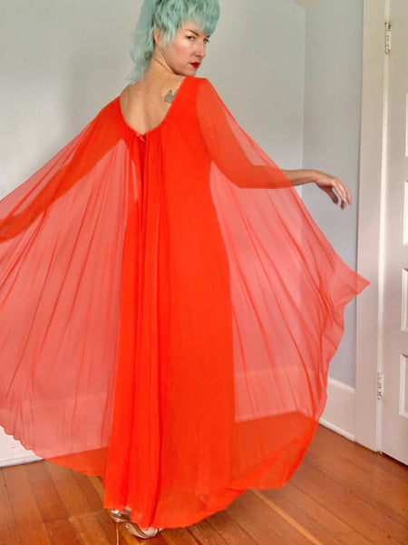 1960s Rayon Crepe Hourglass Gown w/ Attached Chiffon Cape
