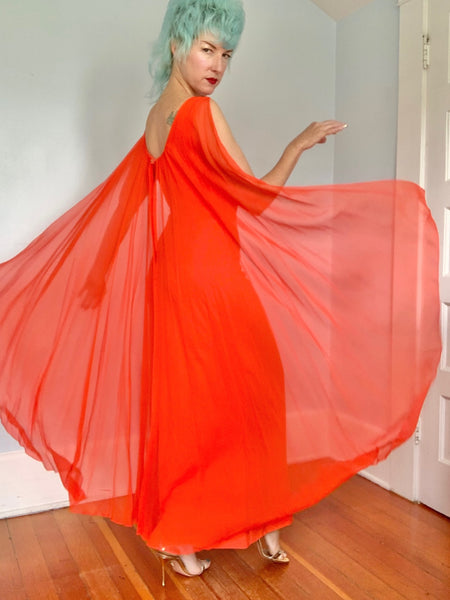 1960s Rayon Crepe Hourglass Gown w/ Attached Chiffon Cape