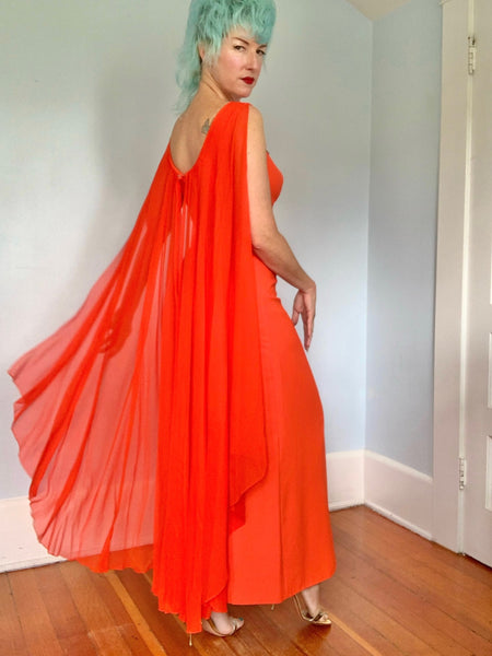 1960s Rayon Crepe Hourglass Gown w/ Attached Chiffon Cape