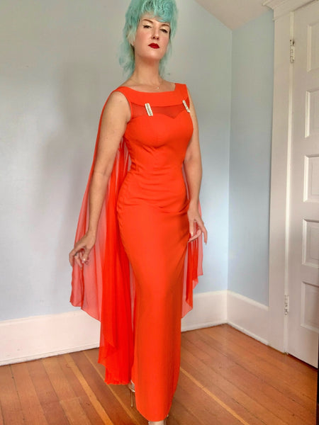1960s Rayon Crepe Hourglass Gown w/ Attached Chiffon Cape