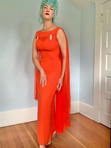 1960s Rayon Crepe Hourglass Gown w/ Attached Chiffon Cape
