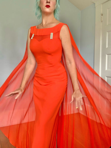 1960s Rayon Crepe Hourglass Gown w/ Attached Chiffon Cape