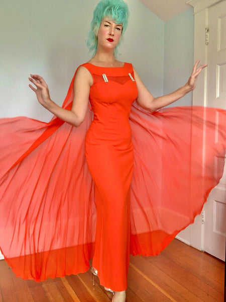 1960s Rayon Crepe Hourglass Gown w/ Attached Chiffon Cape