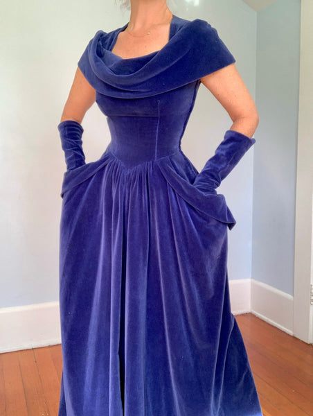 1940s Periwinkle Cotton Velvet Gown & Gauntlets