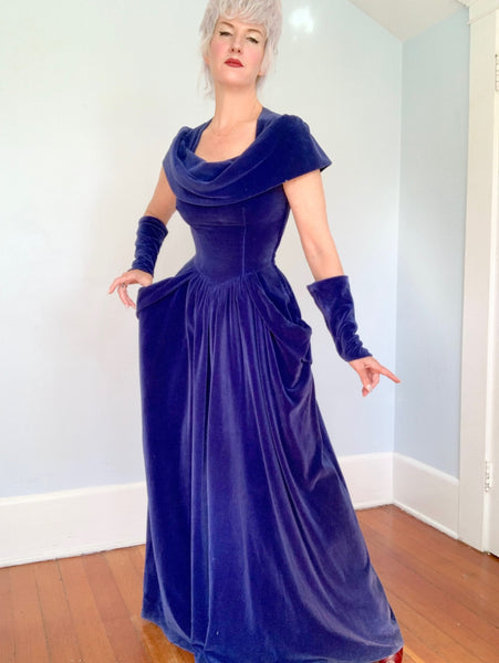 1940s Periwinkle Cotton Velvet Gown & Gauntlets