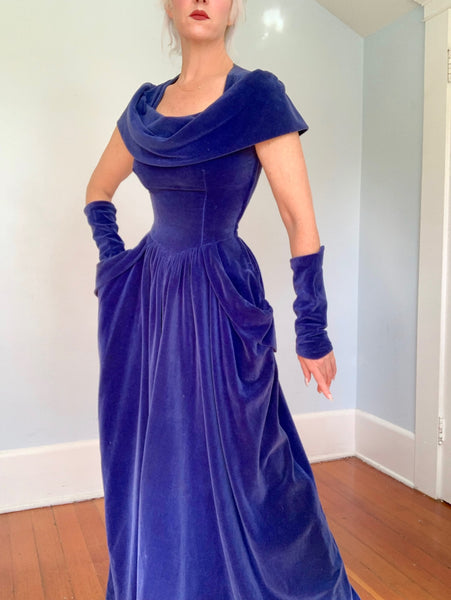 1940s Periwinkle Cotton Velvet Gown & Gauntlets