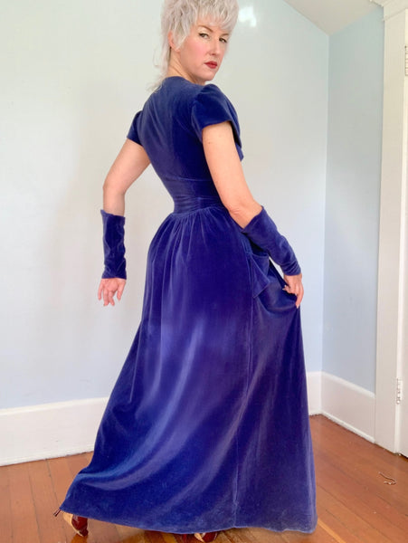 1940s Periwinkle Cotton Velvet Gown & Gauntlets
