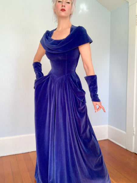 1940s Periwinkle Cotton Velvet Gown & Gauntlets