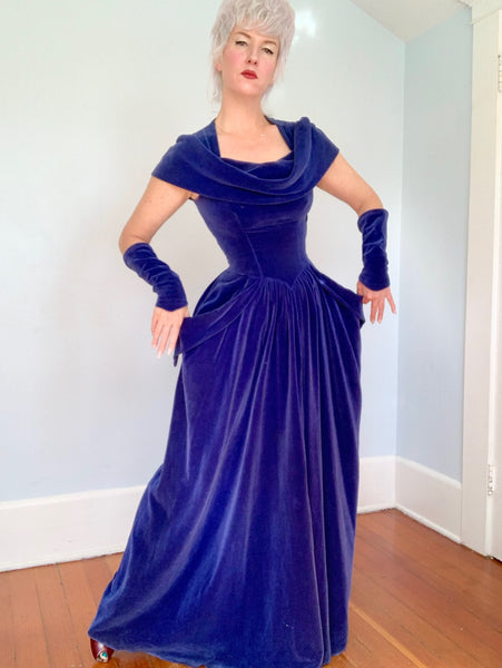 1940s Periwinkle Cotton Velvet Gown & Gauntlets