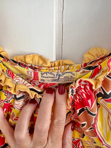 1940s “Surfriders Sportswear” Novelty Print Cotton Hawaiian Maxi Dress