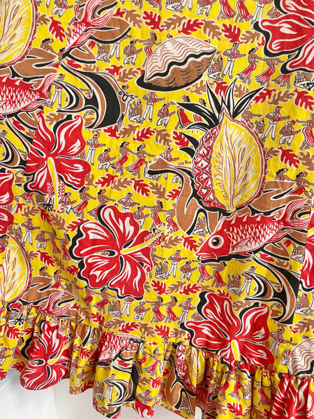 1940s “Surfriders Sportswear” Novelty Print Cotton Hawaiian Maxi Dress