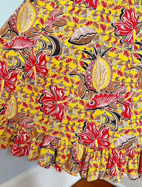 1940s “Surfriders Sportswear” Novelty Print Cotton Hawaiian Maxi Dress