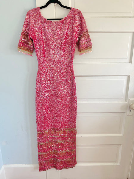 1960s “Gene Shelly’s Boutique Internationale” Hand Sequined Wool Evening Gown