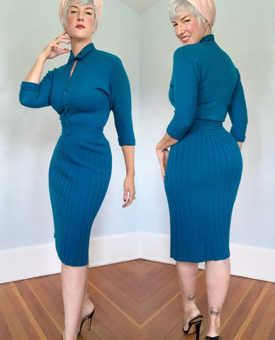 1940s “Loftees” 2 Piece Hand Loomed Wool Chenille Sweater Dress Set
