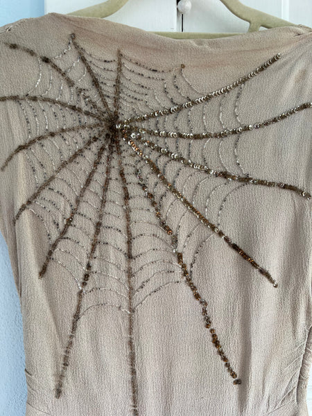 1940s Rayon Crepe Hand Beaded Spiderweb Gown