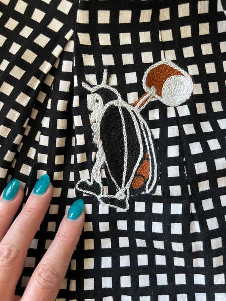 1950s Cotton Day Dress w/ Hand Chain-Stitched “Beetlejuice” Theme by Cecil B. Moxie