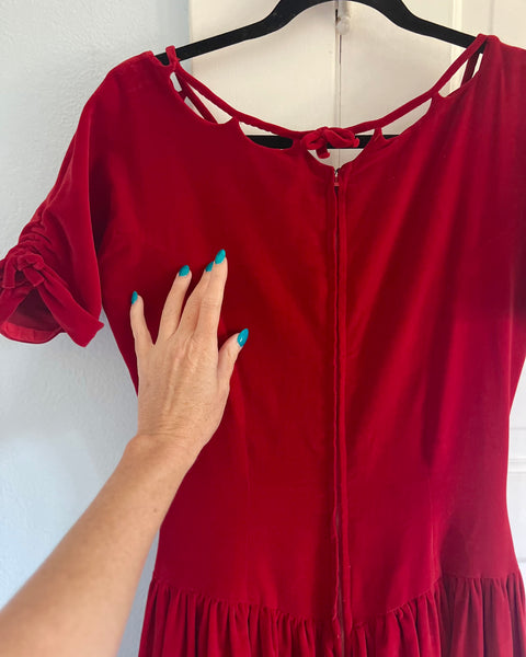 1950s Crimson Cotton Velvet Party Dress