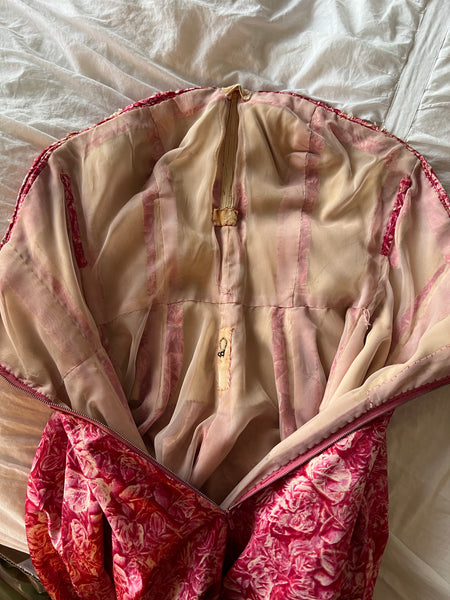 Custom Made 1950s Silk Party Dress in Rose Photographic Print