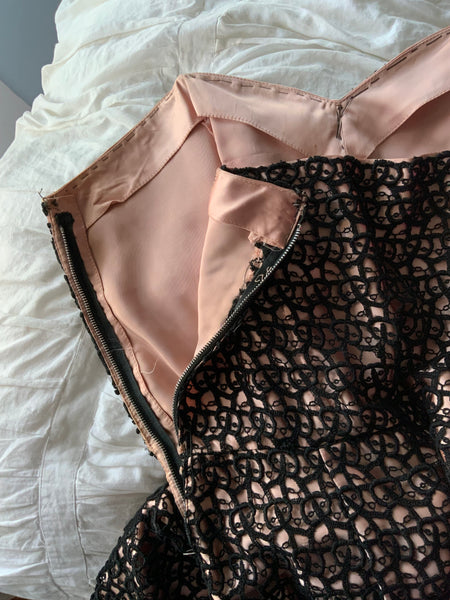 Custom Made 1950s Pink Satin w/ Black Embroidered Lace Overlay Strapless Cocktail Dress