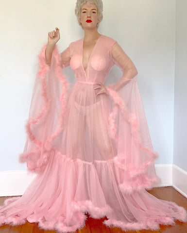 Custom Made Vintage Pink Chiffon To-Die-For Boudoir Gown with Marabou Trim