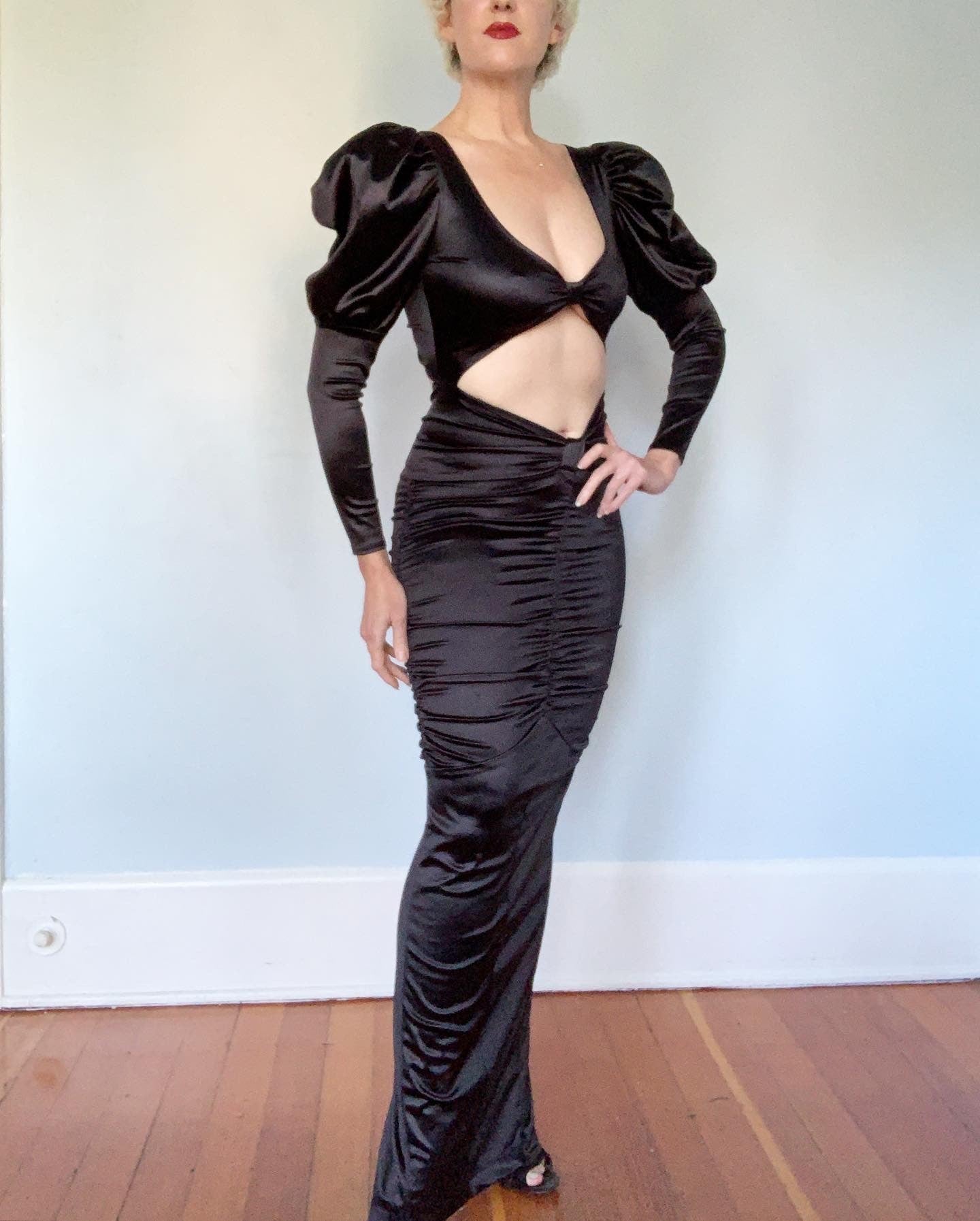 The Ultimate 1980s Stretch Satin Bodycon Vintage Vamp Gown with Cut-Out Midsection