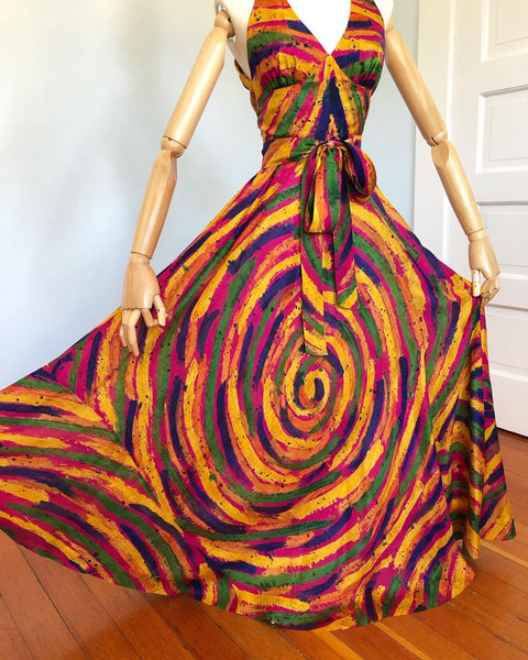 French Couture 1960s Designer "Y.P. Dubois" Silk Psychedelic Halter Gown with Tie Belt