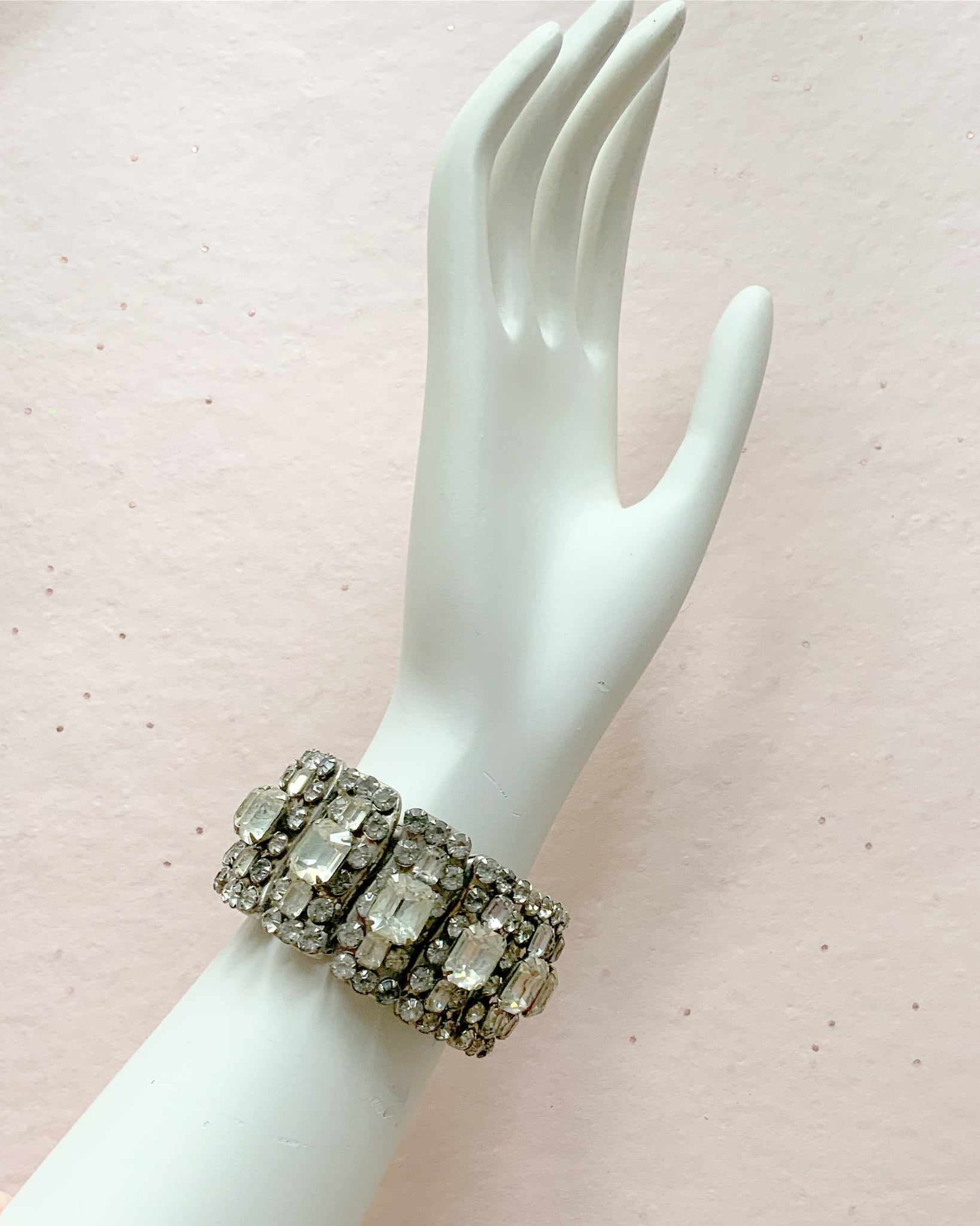 Huge 1950s Metal Prong Set Sparkling Crystal Rhinestones Expanding Statement Bracelet
