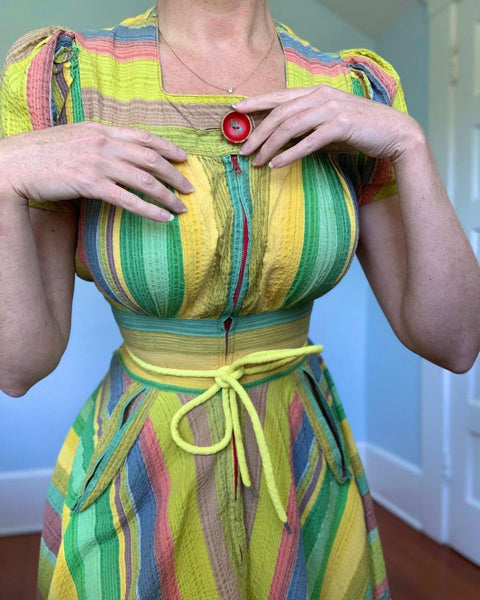 1940s Seersucker Cotton Serape Print Day Dress w/ Belt