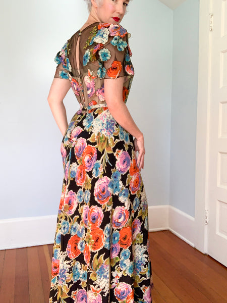 Rare Custom Made Late 1930s Silk Illusion Gown with Belt