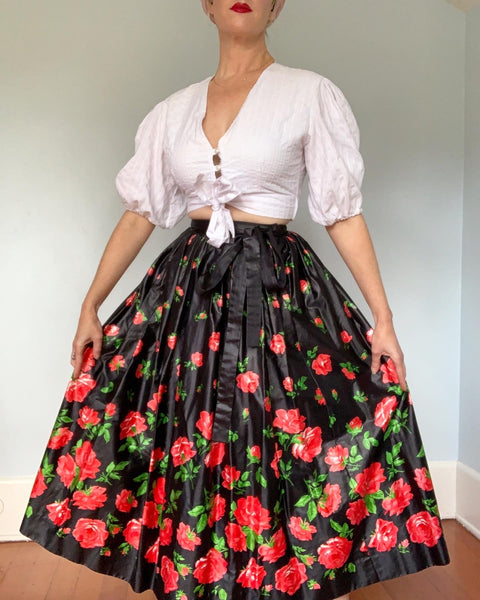 1970s Designer "Saint Laurent Rive Gauche" Polished Cotton Full Maxi Skirt with Red Roses Print & Tie Belt