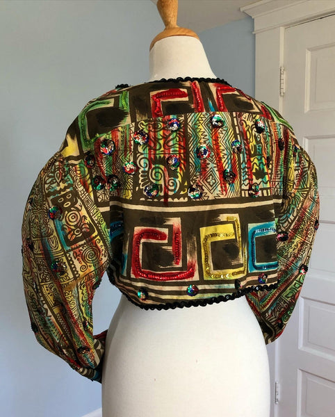 Unusual 1950s Handmade Mexican Cotton Hand Painted / Sequined Bolero Jacket