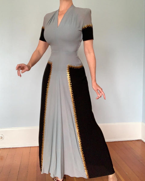 1940s Robins Egg Blue & Black Color Block Rayon Crepe Gown w/ Gold Metal Studs