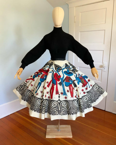 Rare 1950s Hand Printed Mariachis & Donkey Theme Taffeta Circle Skirt