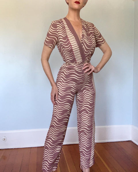 1970s does 1940s Rayon Crepe Smoking Cigarettes Novelty Print Jumpsuit