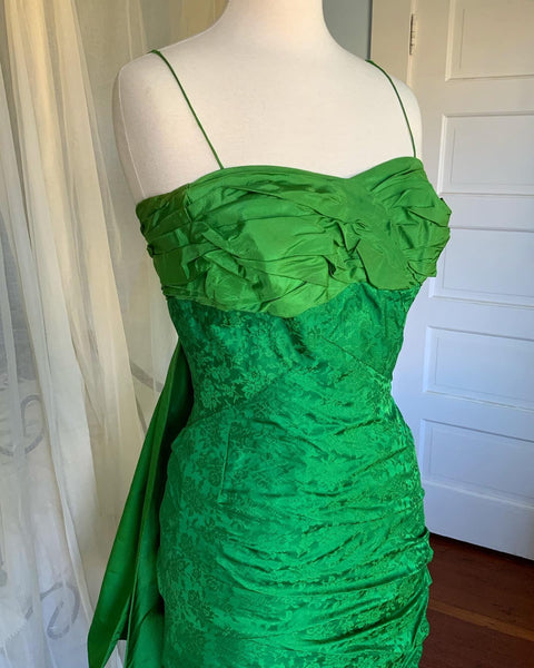 Couture 1950s Draped Silk Brocade Hourglass Cocktail Dress with Obi Style Draped Back Bow