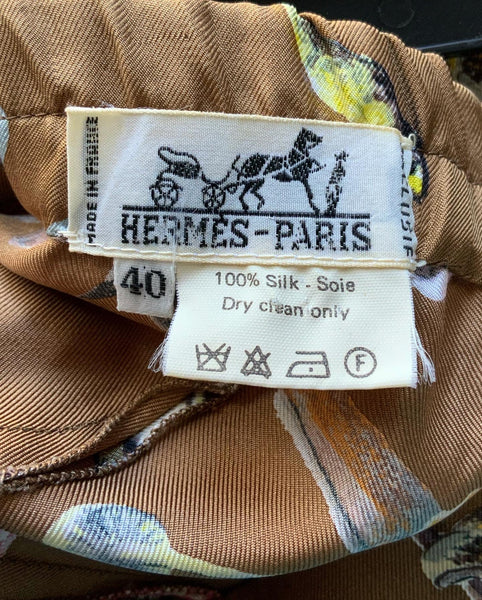 1970s "Hermes" Silk Champignons Mushroom Print High-Waisted Slacks w/ Pockets