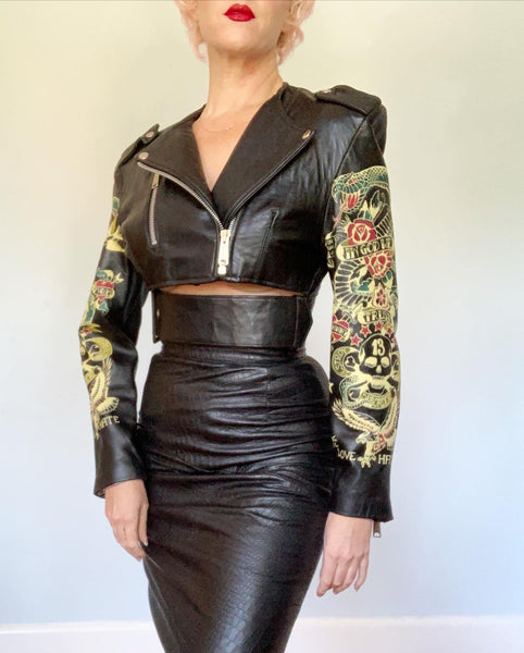 1980s "John Richmond Woman" Leather Jacket with Painted Tattoo Flash Art Sleeves