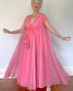 1960s "Claire Sandra for Lucie Ann of Beverly Hills" Bubble Gum Pink Frothy Chiffon Trapeze Peignoir 2 Piece Set
