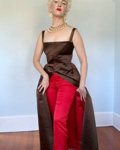 1950s Custom Made Silk Peau de Soie Jumpsuit with Attached Overskirt for "Henri Bendel New York"