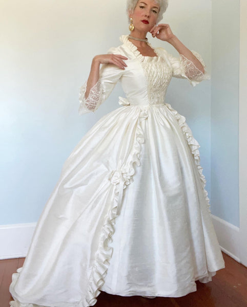 Custom Made Raw Silk Marie Antoinette Style Bridal Dress w/ Detachable Train