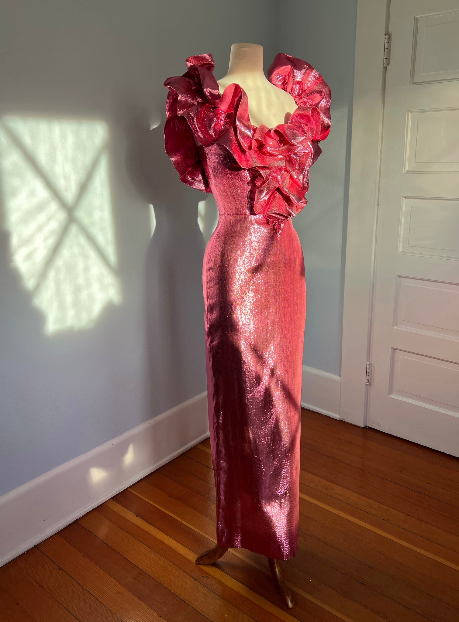 1980s Metallic Pink Liquid Lamé Evening Gown